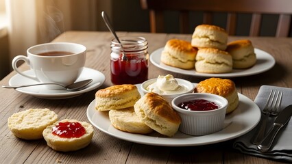 Scones with jam and tea with milk on the table. horizontal  