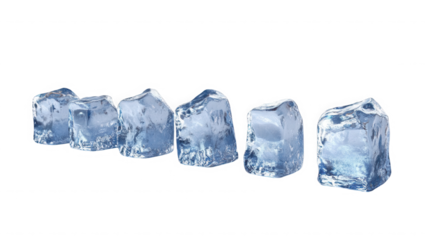 Row of refreshing ice cubes against a stark studio shot on transparent background