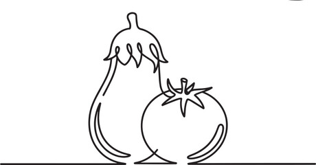  line art drawing of an eggplant (aubergine) and a tomato, representing healthy food and farming.
