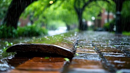 A close-up shot of a wet wooden bench and a stone path during a rain shower, with blurred green foliage in the background.