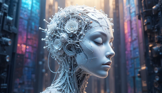 Striking AI conceptualization of a serene android woman, adorned with floral and circuit details, embodies futuristic elegance and technological advancement