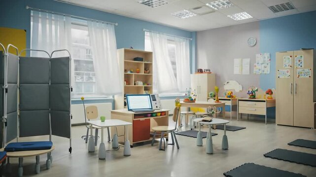 Bright classroom studio with desks laptops and mats.