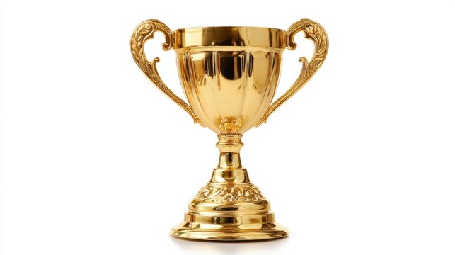A gleaming golden trophy stands tall showcasing intricate designs on its handles and body. This trophy symbolizes victory excellence and hard work in various competitions or events.