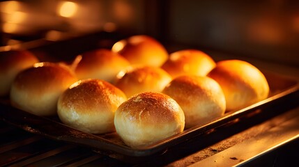 Golden brown dinner rolls baking in a warm oven, creating a cozy and inviting atmosphere.