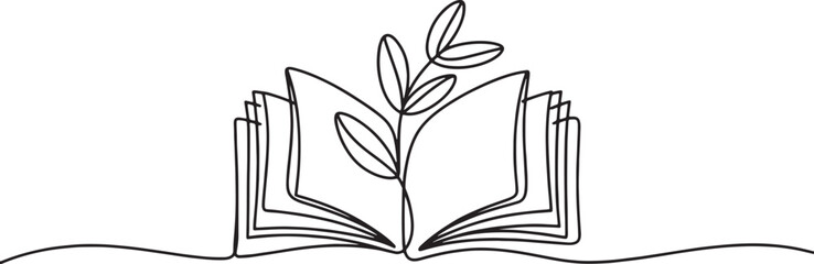 Continuous line art illustration of an open book with a leafy plant growing from the pages, symbolizing education and nature.
