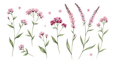 Elegant watercolor floral design with pink wildflowers and green leaves, perfect for wedding invitations or spring themed projects, conveys a gentle, soft feel