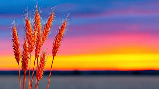 Close-up of wheat stalks with a vibrant sunset background, creating a serene and colorful landscape. - Powered by Adobe