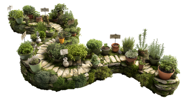 A stone path winding through an herb garden with various potted plants and small labels, creating a fragrant labyrinth, isolated on a Transparent background