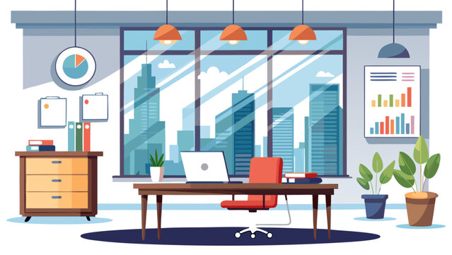 Modern home office with city view and laptop setup in warm ambient lighting