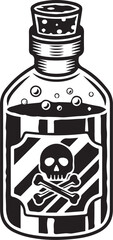Black and white vector illustration of poison bottle with bubbles and skull-and-crossbones hazard label