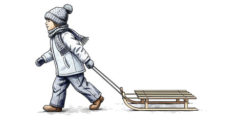 Young boy pulling wooden sled while walking in winter attire  