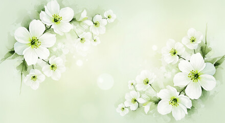 Dreamy white floral arrangement with soft green hues creates a tranquil and elegant backdrop for your designs, perfect for wedding invitations or branding