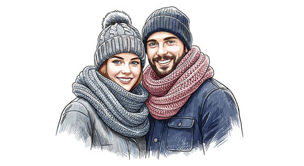Smiling couple wearing winter sweaters and scarves outdoors in winter  