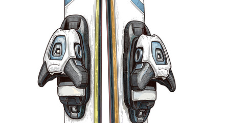 Ski bindings on modern skis with colorful design in white background  