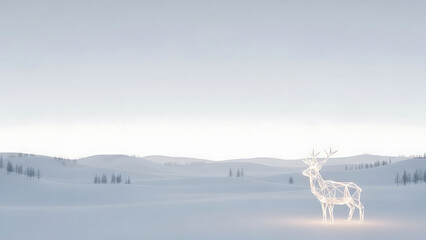 A polygonal deer standing in a snowy landscape with distant trees and a bright light underneath it