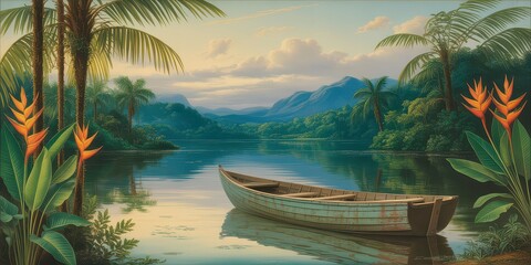 Wallpaper serene tropical landscape painting in pastel tones	