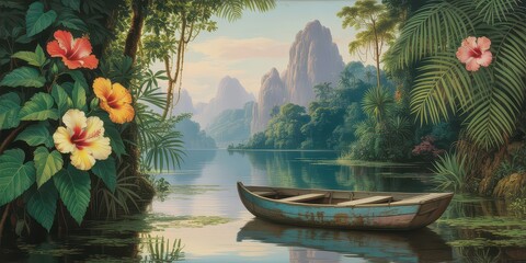 Wallpaper serene tropical landscape painting in pastel tones	