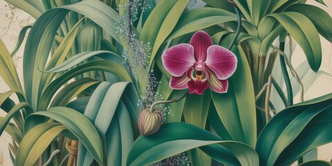 Wallpaper serene tropical landscape painting in pastel tones	