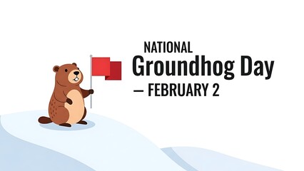 Groundhog day cartoon with groundhog and flag, isolated on white background