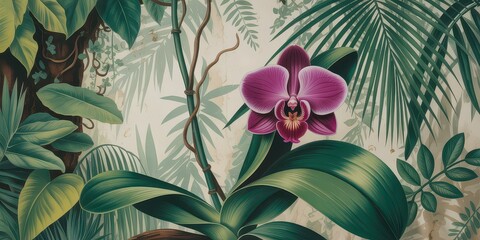 Wallpaper serene tropical landscape painting in pastel tones	