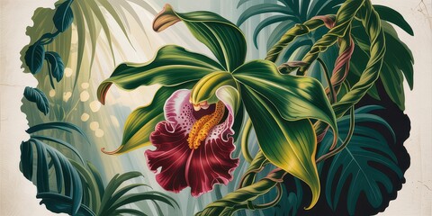 Wallpaper serene tropical landscape painting in pastel tones	