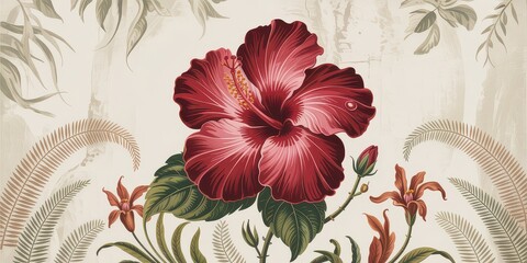 Wallpaper serene tropical landscape painting in pastel tones	