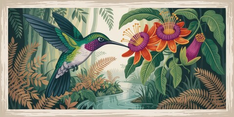 Wallpaper serene tropical landscape painting in pastel tones	