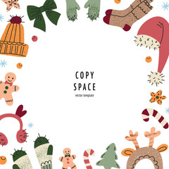 Vector illustration flat cartoon Christmas postcard template with cozy winter holiday frame, warm accessories and festive symbols for greeting cards, seasonal design, social media and stationery