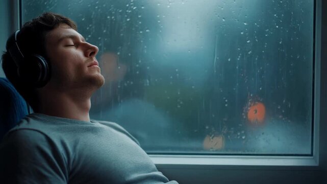 Young man finds a moment of serene relaxation, listening to music with headphones while traveling on a train during a rainy day