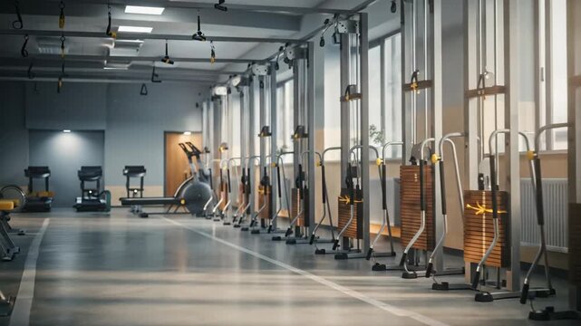 Bright Gym Row of Exercise Machines in Modern Facility.