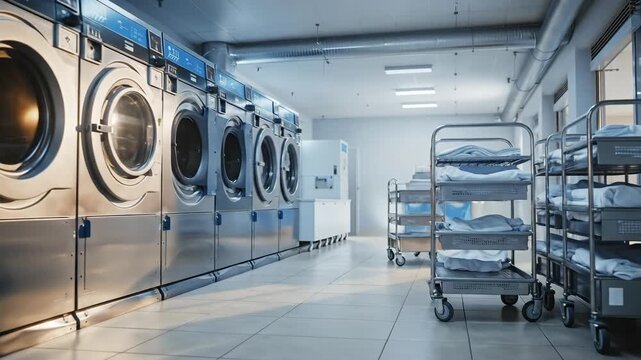 Industrial laundry facility with front loading machines and carts.