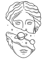 Dreamy celestial goddess art showcases cosmic universe within a classical sculpture face, perfect for spiritual designs and creative projects, line art
