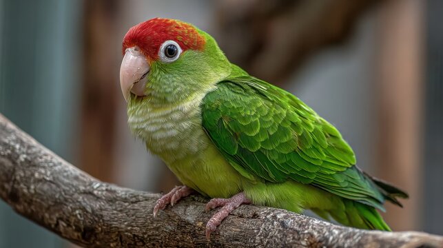 A green parrot with a red crown sits on a branch surrounded by natural elements. Its bright feathers shine in the light creating a lively scene in the wild.