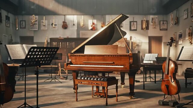 Music rehearsal studio with grand piano guitars and instruments.