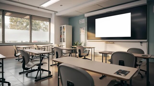 Bright modern classroom with desks and projector screen.