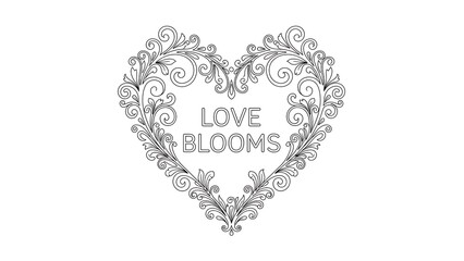 Floral heart shape with love blooms text, isolated on white background