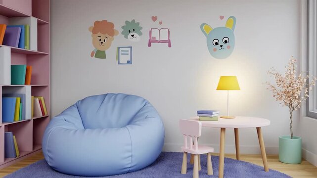 Cozy Childrens Reading Nook with Bean Bag and Colorful Wall Art.