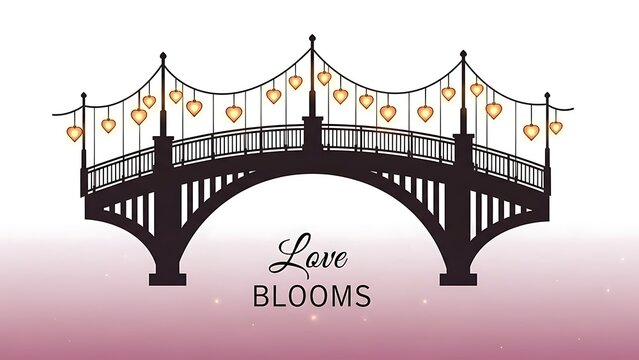 Romantic bridge with heartshaped string lights and love blooms text