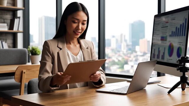 Young Asian business woman working diligently on laptop and tablet in a modern office with city view. Professional female executive analyzing data on computer, focused and productive, representing cor