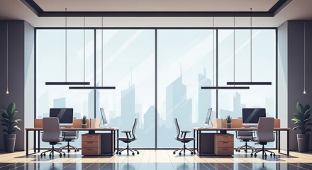 Contemporary office space showcasing city views and minimalist design accents