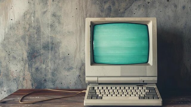 A vintage beige personal computer with a green CRT screen sits on a wooden desk against a textured concrete wall, evoking retro technology and nostalgia.