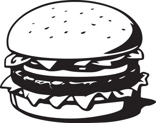 Burger Illustration: a classic burger features a succulent beef patty, fresh lettuce, juicy tomato slices, and creamy cheese, all nestled between soft, toasted buns. A tasty, mouthwatering meal.