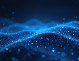 Abstract blue waves of glowing particles form digital data landscape. Futuristic deep space terrain, cyberspace network flow, futuristic tech background.