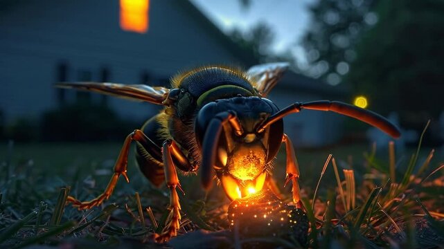 A dramatic close-up of a large hornet or wasp with an orange glowing head and sparks on the ground at dusk.