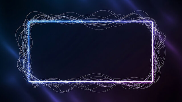 Rectangular frame with wavy lines around it on a dark background with blue and purple highlights