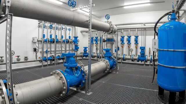 Clean water system and treatment plant room with stainless steel pipework, pumps, valves and filtration. water clean environment sustainability nature fresh health drink resource purity access manage
