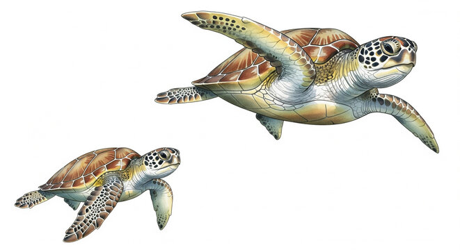 Graceful sea turtles swimming in clear ocean waters, perfect for conservation campaigns or educational material about marine life and the ocean eco system - Powered by Adobe