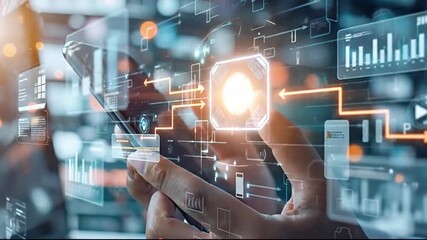 Hands interacting with a smartphone displaying a futuristic digital interface with data analytics and interconnected systems. - Powered by Adobe