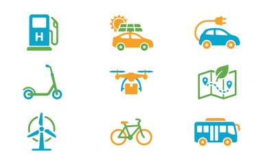 Transportation icons electric vehicles alternative energy and travel symbols