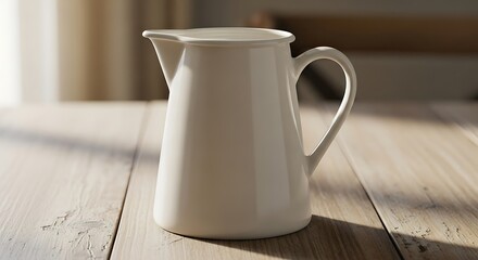 Elegant white ceramic pitcher casting shadows on a rustic wooden table